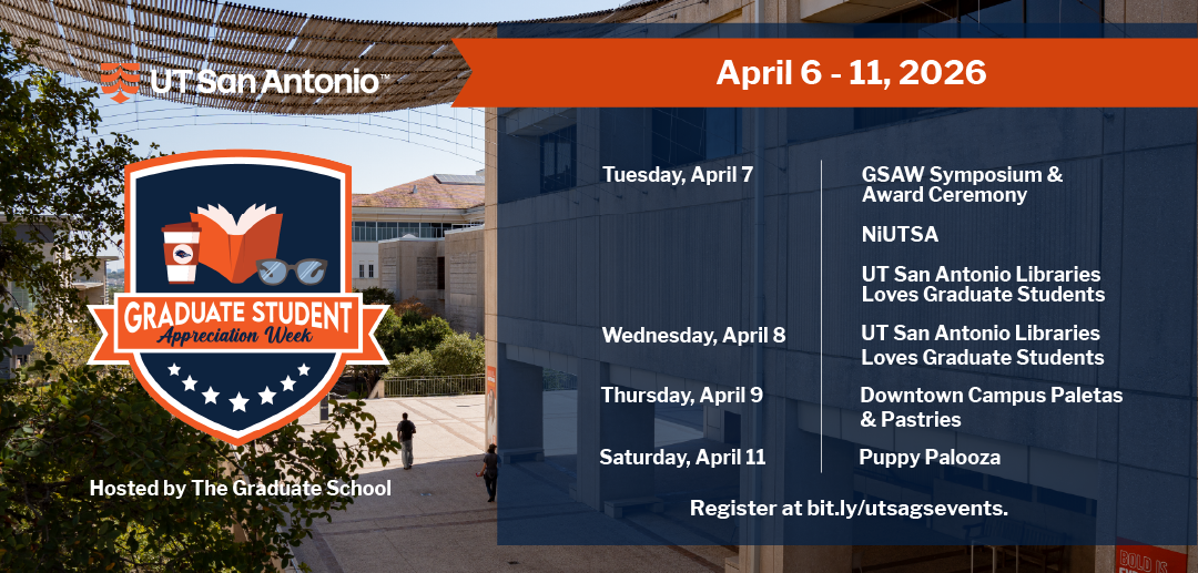 Promotional graphic for UT San Antonio's Graduate Student Appreciation Week, April 6-11, 2026.  Transcribed Text:  UT San Antonio April 6 - 11, 2026  Graduate Student Appreciation Week Hosted by The Graduate School  Tuesday, April 7  GSAW Symposium & Award Ceremony NiUTSA UT San Antonio Libraries Loves Graduate Students Wednesday, April 8  UT San Antonio Libraries Loves Graduate Students Thursday, April 9  Downtown Campus Paletas & Pastries Saturday, April 11  Puppy Palooza Register at bit.ly/utsagsevents.